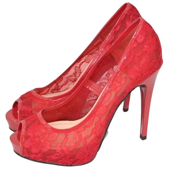 Guess Holiday Christmas Red Lace Toe Pin-Up Platform Party Stilettoes Heels 7.5 - Picture 2 of 8